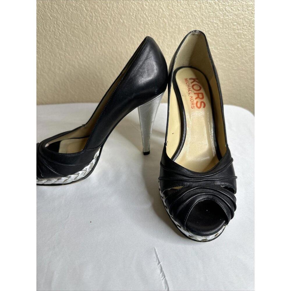 Kors Michael Kors Black Leather Opentoe Platform Heels Pumps Sandals SZ 8 M - Picture 2 of 7